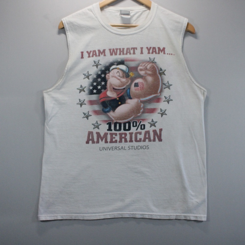 Vintage Universal Studios Medium Popeye 100% American Muscle Athletic Tank White